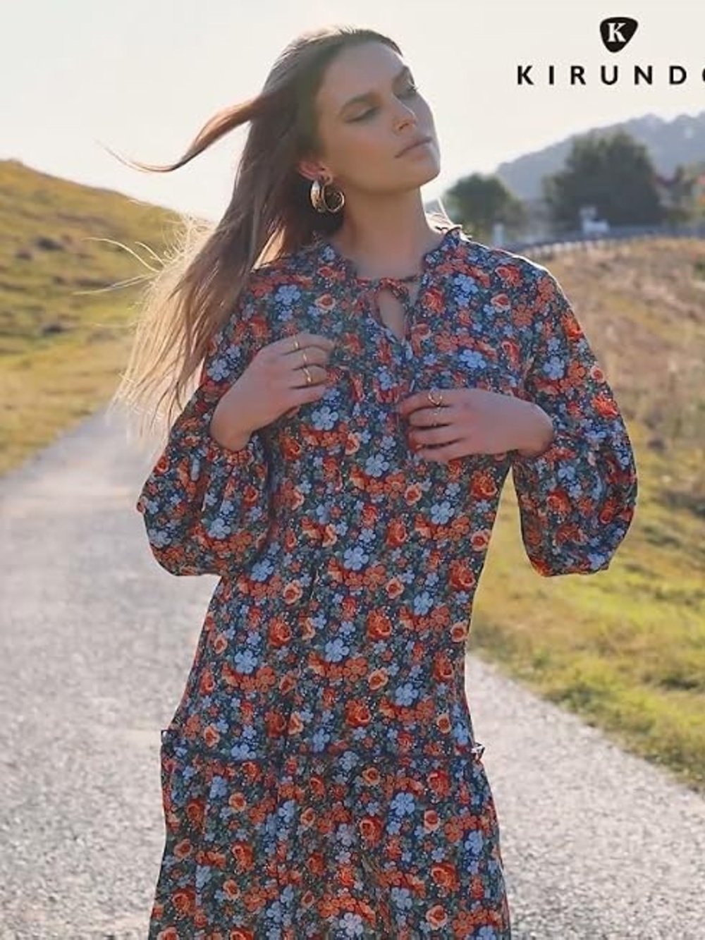 Kirundo Floral Ruffled Hem Long Sleeve Tunic Dress - Orange & Blue